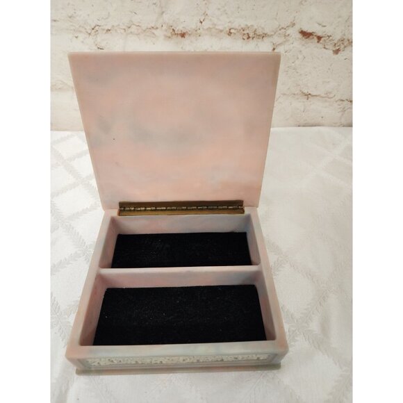 Incolay Stone Pink & White Trinket Jewelry Box 7"x7" Cupid Angels Square - Picture 7 of 9